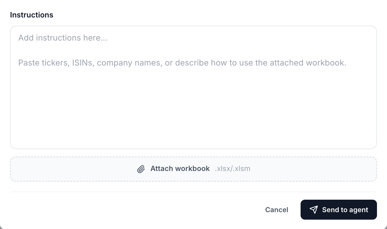 Add companies form with an Instructions field, Attach workbook for .xlsx or .xlsm files, and Send to agent button