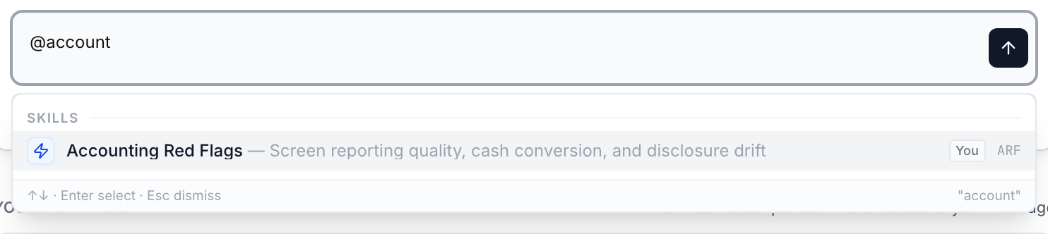 Typing @account in a new session shows Accounting Red Flags in the Skills menu