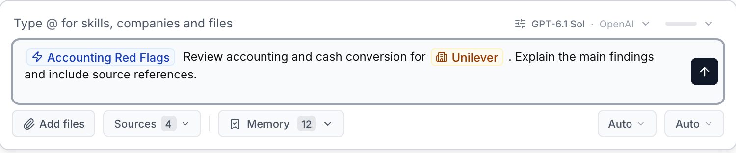 Accounting Red Flags and Unilever selected as @ mentions in the message box with an accounting review request