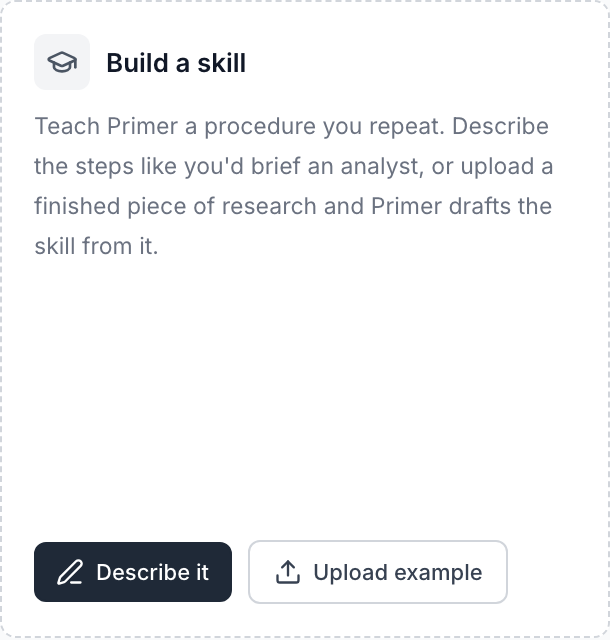 Build a skill card with Describe it and Upload example buttons