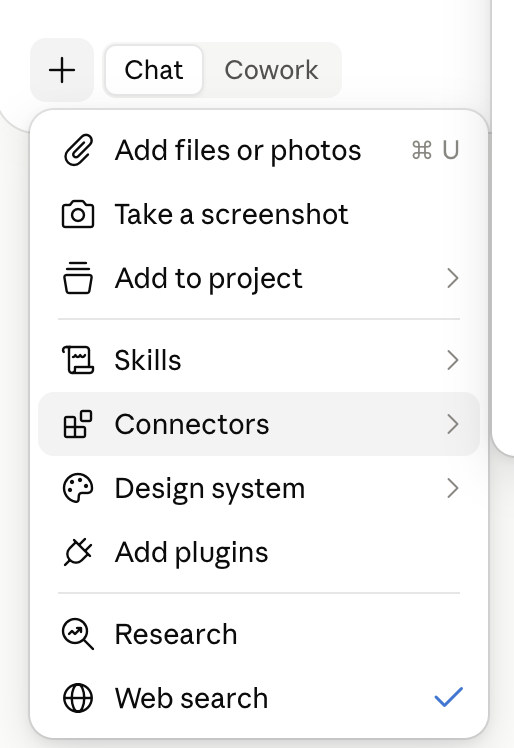 Claude's chat menu with Connectors highlighted