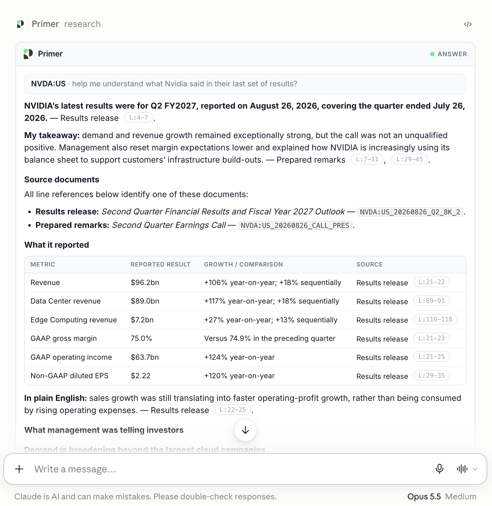 A Primer research answer about Nvidia's results inside a Claude conversation, with source references and a table