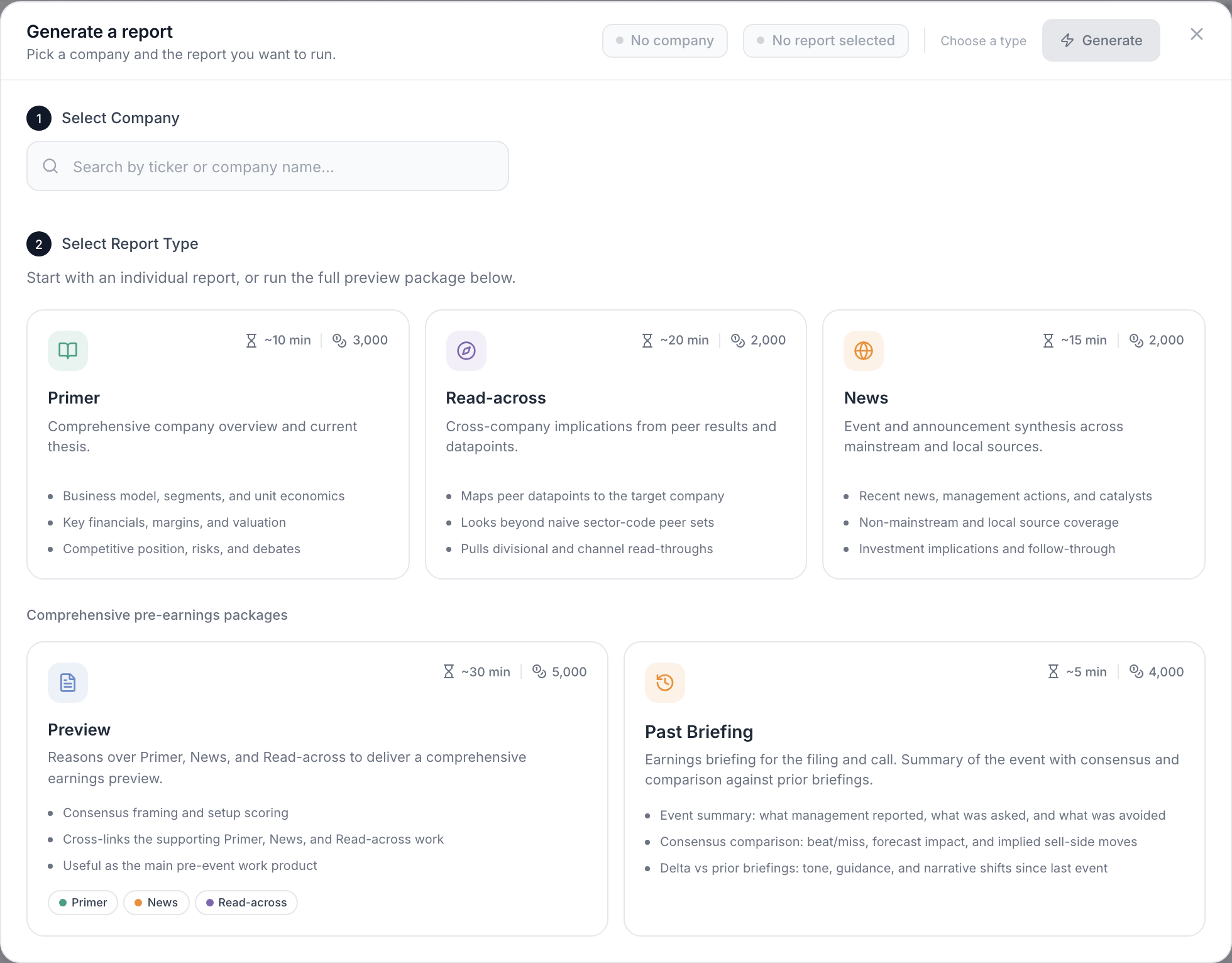Generate a report dialog with company search and Primer, Read-across, News, Preview and Past Briefing choices