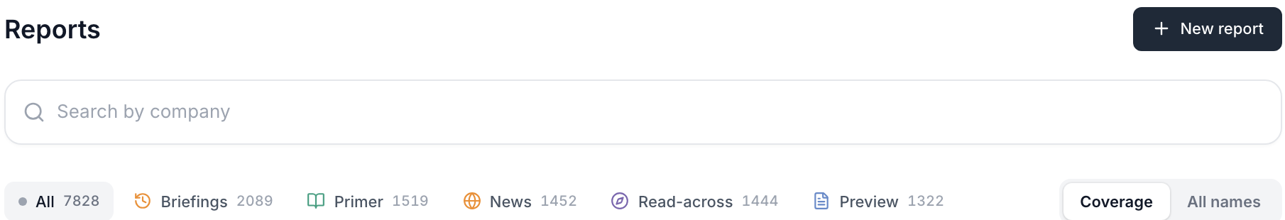 Reports page with company search and report type filters