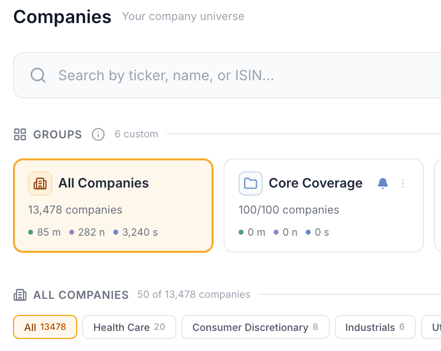 Companies screen with company search, All Companies and Core Coverage