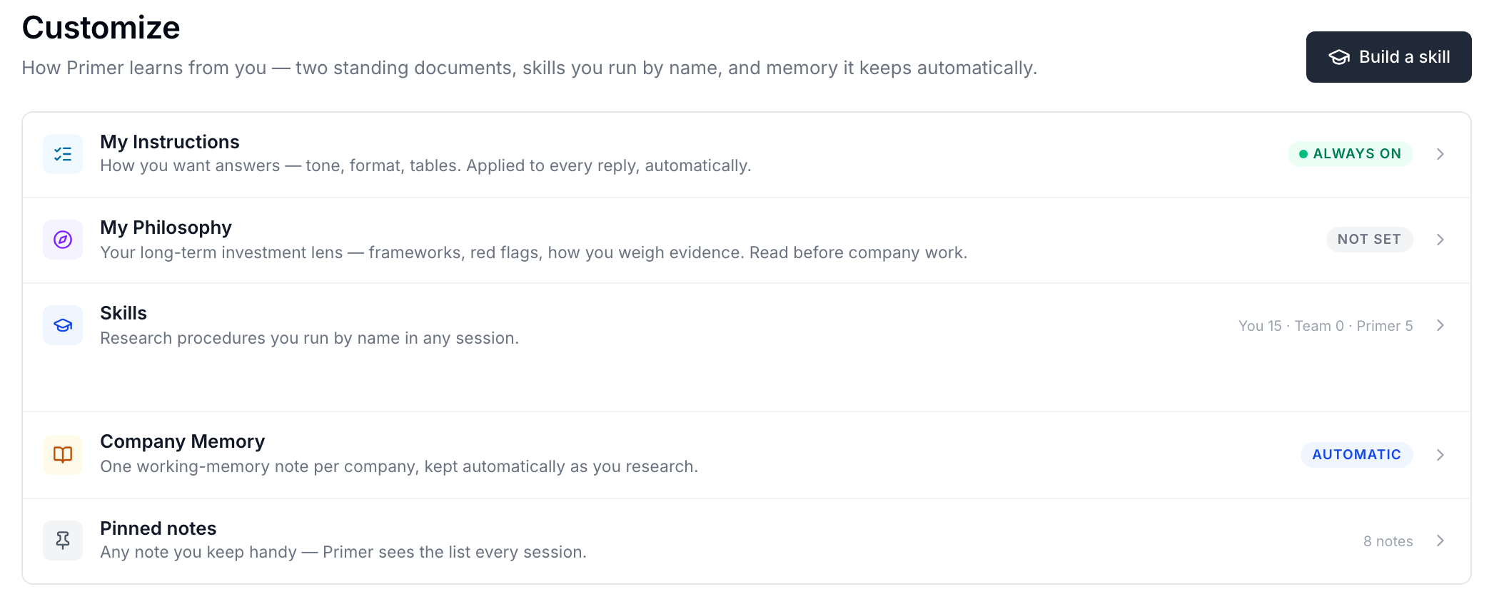Customize screen with My Instructions, My Philosophy, Skills, Company Memory and Pinned notes