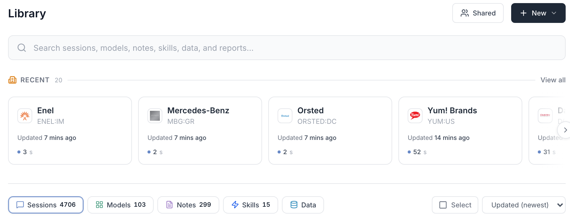 Library page with a search bar, recent companies and filters for Sessions, Models, Notes, Skills and Data