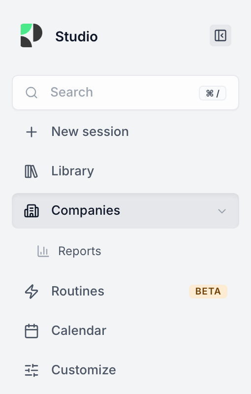 The Studio left-hand panel showing Search, New session, Library, Companies with Reports underneath, Routines, Calendar and Customize