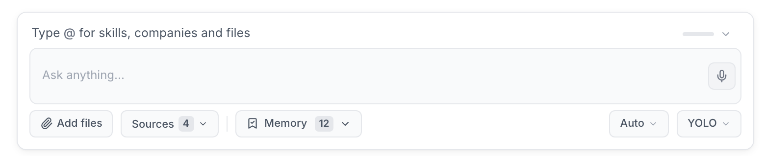 The new-session composer with a mention field, message box, Add files, Sources and Memory controls